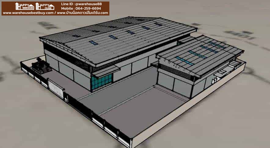 แบบโกดังโครงสร้างเหล็ก 2 หลัง หลังแรกพื้นที่ 18×36×6.9 เมตร หลังสองพื้นที่ 8×19×6 เมตร สร้างที่ อ.เมือง จ.สมุทรสาคร สร้างโรงงาน สร้างโรงงาน by Happy Warehouse