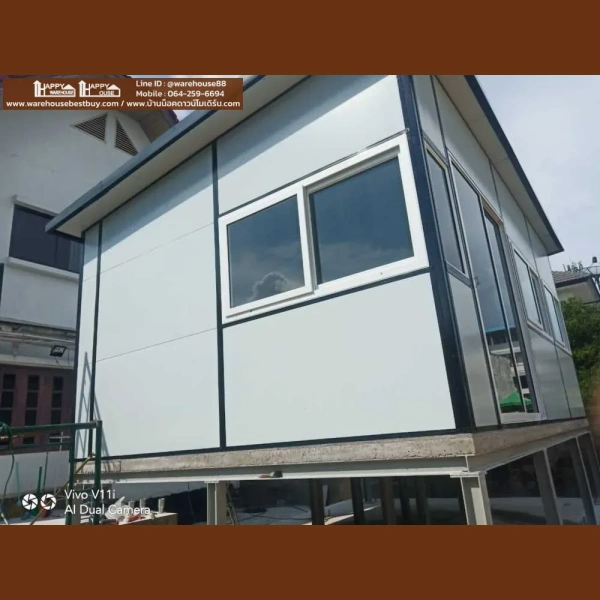 บ้านน็อคดาวน์ MK-22 ราคา ฿172,632 หน้าต่าง UPVC 4 /ประตูนิรภัย 1 / ประตูกระจกกอลูมิเนียมบานสไลด์ 1 บาน ไม่รวมงานพื้น ตัดงานพื้นออก ลูกค้าทำพื้นเอง