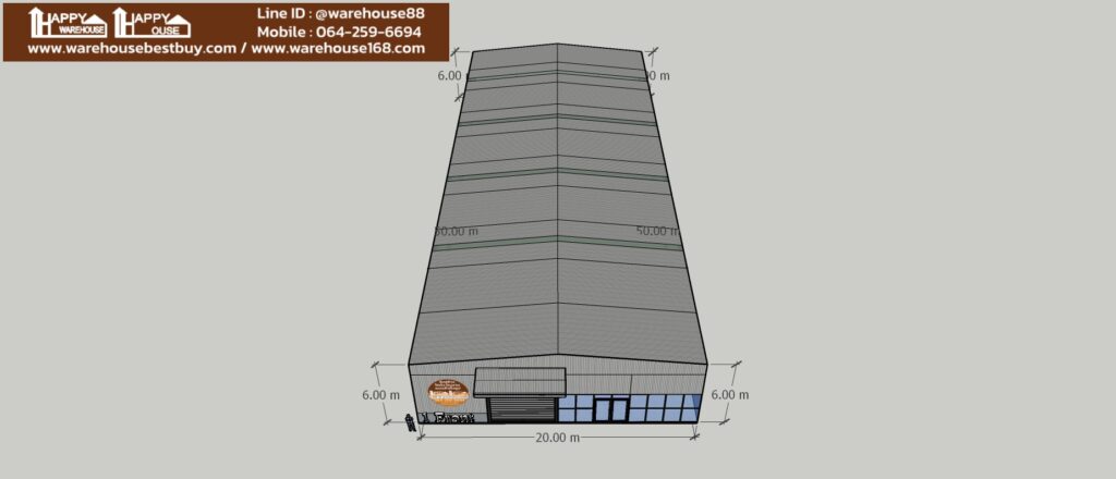 ประเมินราคา โกดังและสำนักงาน 1,000 ตรม. (พื้นที่สำนักงาน 100 ตรม.) โครงสร้าง HW-HC ขนาด 20x50x6 เมตร รวมงานพื้น เข็มตอก